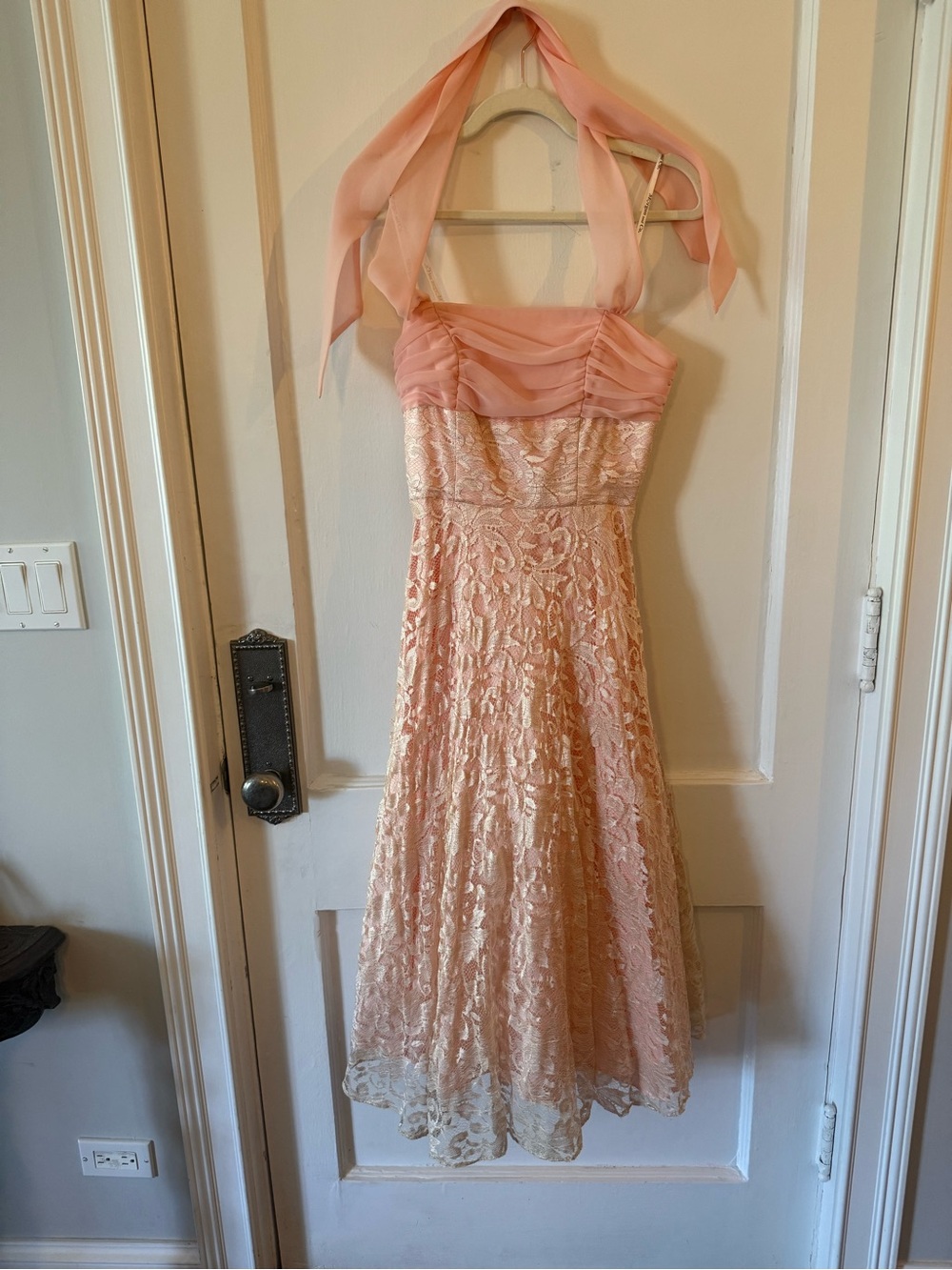 Vintage Pink Lace Halter Prom Dress